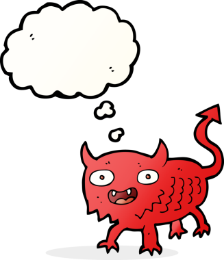 Bir insan tarafından çizilmiş düşünce baloncuğu olan küçük bir iblis.