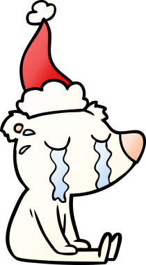 Ağlayan bir kutup ayısının insan tarafından çizilmiş Noel Baba şapkası giymiş el çizimi karikatürü.