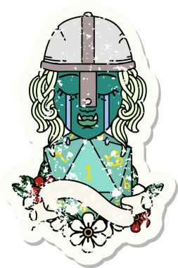 Retro Dövme Tarzı Ağlayan Ork Savaşçısı karakteri yüzü ve bir insan tarafından çizilmiş bir d20 rulosu.