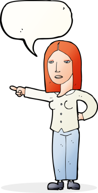 Bir insan tarafından çizilmiş bir konuşma balonuyla işaret eden çizgi film kadını.