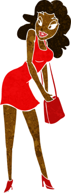 Bir insan tarafından çizilmiş el çantasına bakan karikatür kadın.