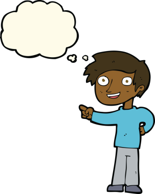 Bir insan tarafından çizilen düşünce baloncuğuyla işaret eden çizgi film adamı.