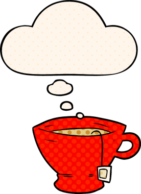 Bir insan tarafından çizilmiş, düşünce baloncuklu çizgi roman tarzı bir çay.