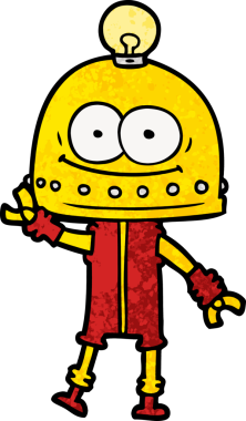 Bir insan tarafından çizilmiş ampullü mutlu karton robot.