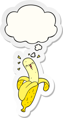 Düşünce baloncuklu çizgi film muzu insan tarafından çizilmiş bir çıkartma.