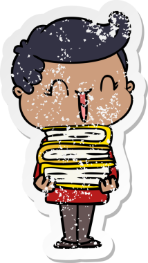 Bir insan tarafından çizilmiş kitapları taşıyan, gülen bir çizgi film karakterinin sıkıntılı çıkartması.