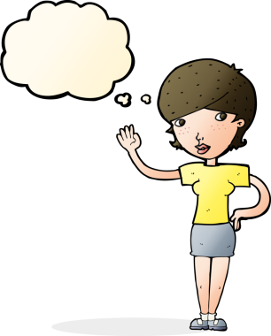 Bir insan tarafından çizilmiş düşünce baloncuğuyla el sallayan çizgi film kadını.