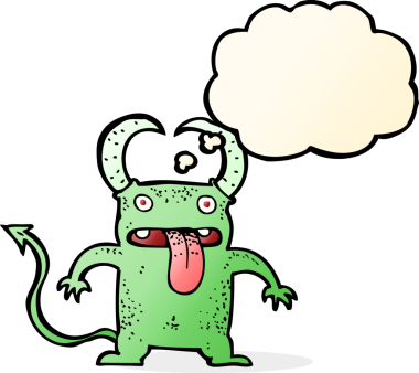 Bir insan tarafından çizilmiş düşünce baloncuğu olan küçük bir şeytan.