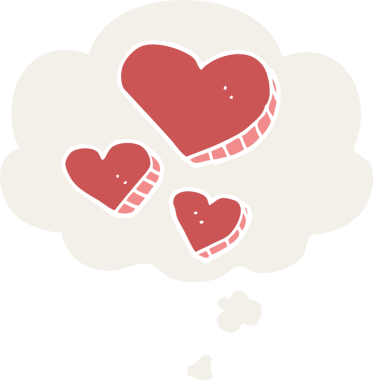 insan tarafından çizilmiş düşünce baloncuklu karikatür aşk kalpleri.