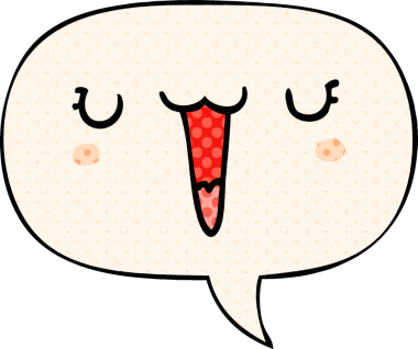 Bir insan tarafından çizilmiş çizgi roman tarzında konuşma baloncuğu olan sevimli mutlu bir çizgi film yüzü.