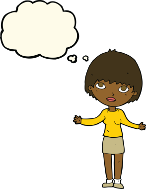 Bir insan tarafından çizilmiş düşünce baloncuğuyla omuz silken çizgi film kadını.