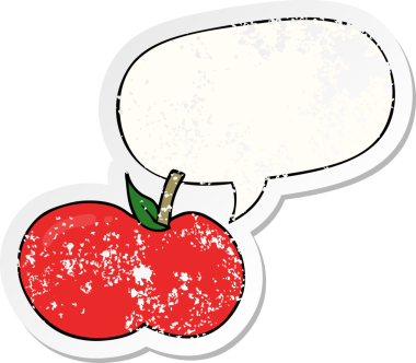 Konuşma baloncuklu çizgi film elması bir insan tarafından çizilmiş sıkıntılı eski bir çıkartma