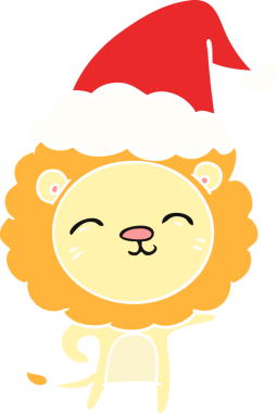 Bir insan tarafından çizilmiş Noel Baba şapkası takan bir aslanın düz renkli çizimi.