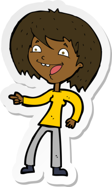 Bir insan tarafından çizilmiş, gülen ve işaret eden bir karikatür kadının çıkartması.