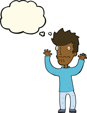 Bir insan tarafından çizilmiş düşünce baloncuğu olan korkmuş bir adam.