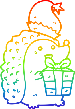 gökkuşağı gradyan çizgi çizimi bir insan tarafından çizilmiş noel şapkası giyen kirpi çizimi