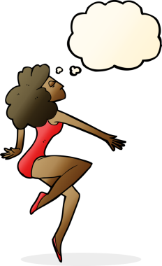 Bir insan tarafından çizilmiş düşünce balonlu çizgi film dansçısı kadın.