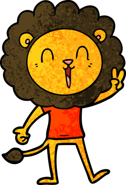 Gülen aslan bir insan tarafından çizilmiş barış işareti veriyor.