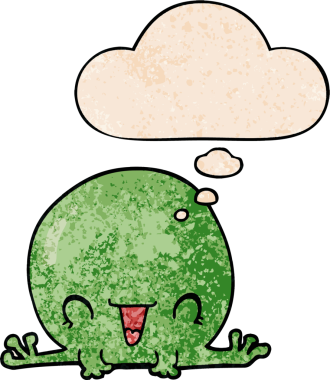 Bir insan tarafından çizilmiş grunge desenli düşünce baloncuğu olan çizgi film kurbağası.