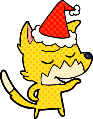 Bir insan tarafından çizilmiş Noel Baba şapkası giymiş bir tilkinin çizgi roman çizimi.