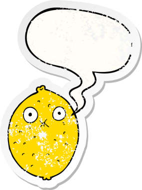 Karikatür acı limon, konuşma baloncuğu, insan tarafından çizilmiş sıkıntılı eski bir çıkartma.