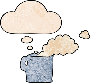 Düşünce baloncuklu sıcak kahve. Bir insan tarafından çizilmiş grunge desenli.