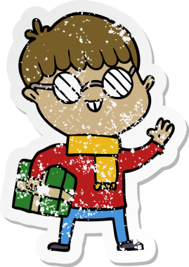 Bir insan tarafından çizilmiş gözlük takan çizgi film karakterinin sıkıntılı çıkartması.