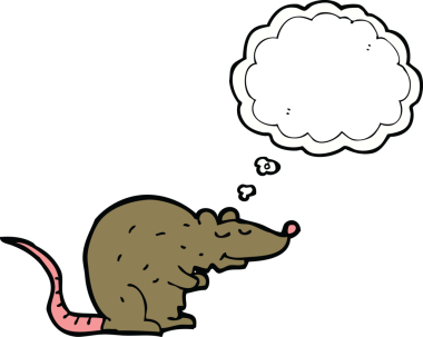 Bir insan tarafından çizilmiş düşünce baloncuklu çizgi film faresi.