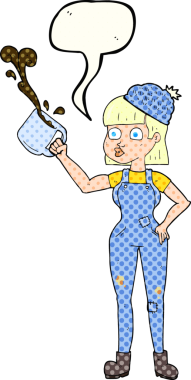 Bir insan tarafından çizilmiş kahve fincanı ile serbest çizilmiş çizgi roman konuşma balonu kadın çalışanı.