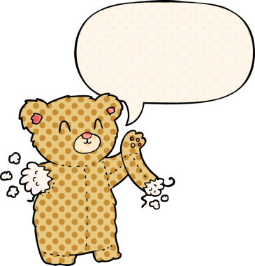 Çizgi roman tarzında bir insan tarafından çizilmiş, kolunda yırtık bir konuşma balonu olan oyuncak ayı.