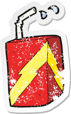 Bir insan tarafından çizilmiş karikatür meyve suyu kutusunun gerilimli etiketi.