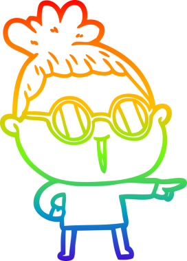 Bir insan tarafından çizilmiş gözlük takan bir karikatür kadının çizimi.