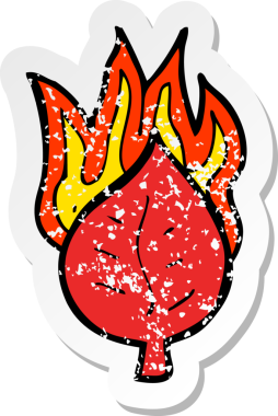 Bir insan tarafından çizilmiş ateş sembolündeki çizgi film yaprağının gerilimli retro yapıştırması