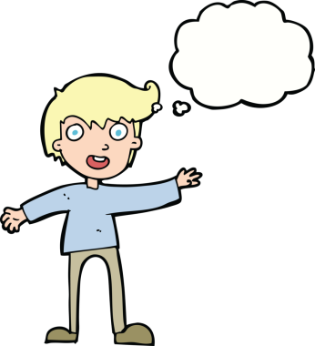 Bir insan tarafından çizilmiş düşünce baloncuğu olan heyecanlı çocuk.