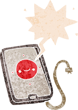 bir insan tarafından çizilmiş grunge sıkıntılı retro desenli konuşma baloncuklu çizgi film cep telefonu aygıtı