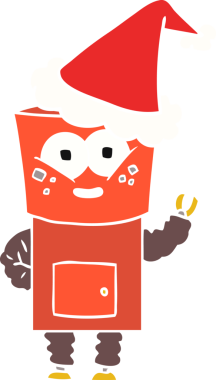 Bir insan tarafından çizilmiş Noel Baba şapkasıyla selamlaşan bir robotun düz renk çizimi.