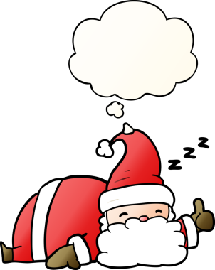 Çizgi film uykulu Noel Baba. Düşünce baloncuğu bir insan tarafından çizilmiş.
