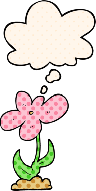 Bir insan tarafından çizilmiş, düşünce baloncuklu çizgi film çiçeği.