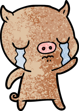 Çizgi film domuzu ağlıyor ve bir insan tarafından çizilmiş el sallıyor.