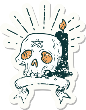 Bir insan tarafından çizilmiş eski dövme stili ürkütücü kafatası ve mum.