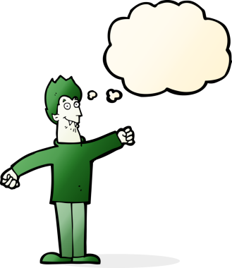 Bir insan tarafından çizilmiş düşünce balonlu mutlu vampir çizgi filmi.