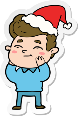 Bir insan tarafından çizilmiş Noel Baba şapkası giymiş bir adamın mutlu el çizimi karikatürü.