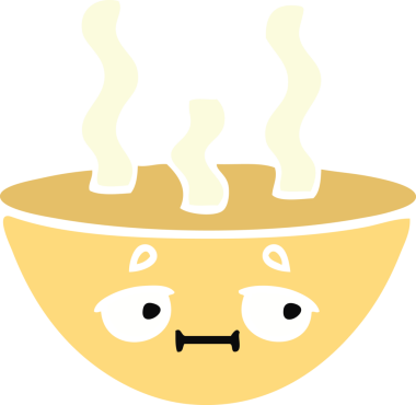 Bir insan tarafından çizilmiş sıcak çorba kasesinin düz renkli retro karikatürü