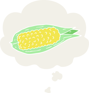 Düşünce baloncuklu karikatür mısırı bir insan tarafından çizilmiş.