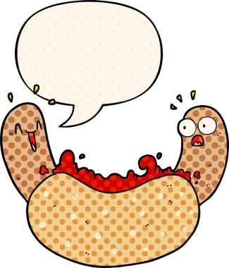 Bir insan tarafından çizilmiş çizgi roman tarzında konuşma balonu olan bir sosisli sandviç.