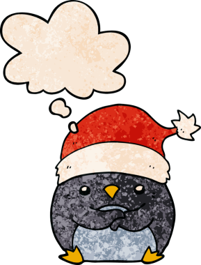 Bir insan tarafından çizilmiş grunge desenli düşünce baloncuklu Noel şapkası takan sevimli penguen çizgi filmi.