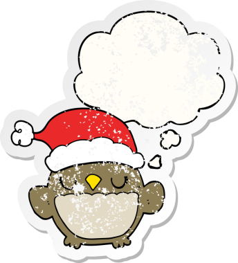 Düşünce baloncuğu olan sevimli noel baykuşu bir insan tarafından çizilmiş yıpranmış bir çıkartma.