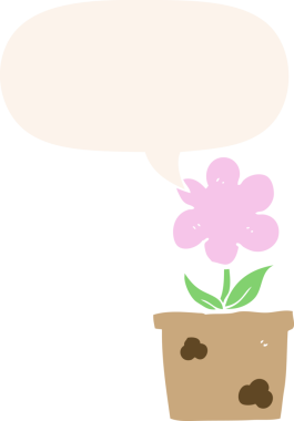 Bir insan tarafından çizilmiş, konuşma baloncuklu sevimli bir karikatür çiçeği.