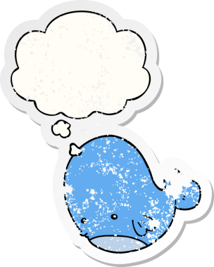 Düşünce baloncuğu olan karikatür balinası bir insan tarafından çizilmiş yıpranmış bir çıkartma.
