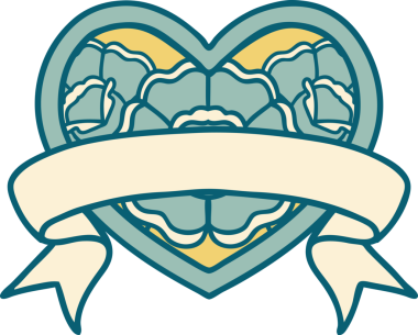 İkonik dövme stili bir kalp ve bir insan tarafından çizilmiş çiçekli pankart.